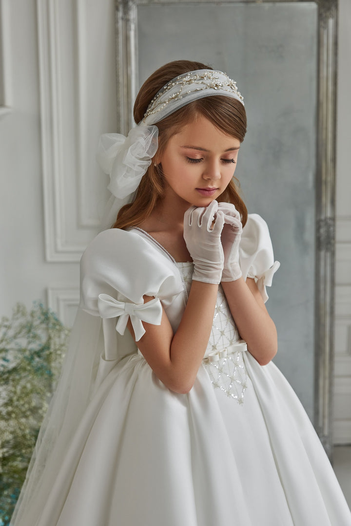 Girls Princess Style Satin Communion Dress with Bows