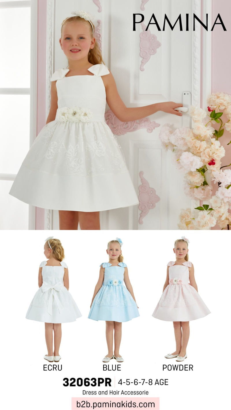 Girls Fancy Organza Dress with Bow Shoulder Straps in Sizes 4T-8