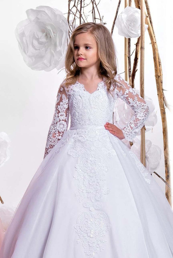 Karine White Lace Girls Dress for Communions with Long Sleeves FINAL SALE