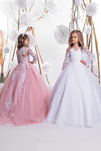 White Lace Girls Dress for Communions with Long Sleeves