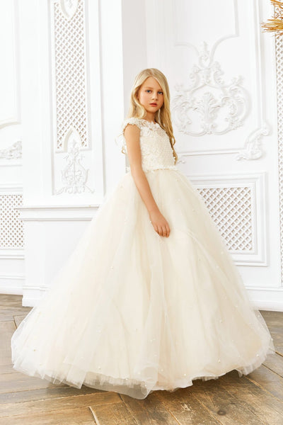 Flower Girl Dresses: Blush Princess Dress for girls with pearls - Mia Bambina Boutique