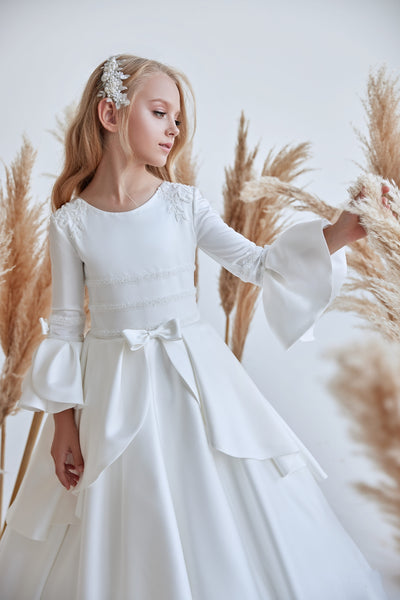 Classic Satin 1st Communion Dress with Peplum by Mia Bambina Boutique