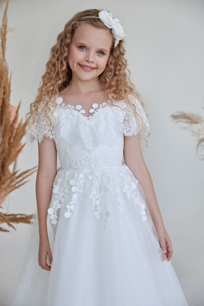 Classic White Communion Dress with Lace Ruffle Trim - Mia Bambina Boutique