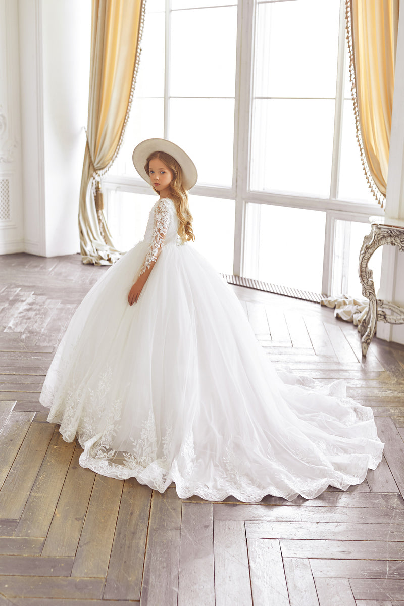 Designer Flower Girl Ball Gown in White