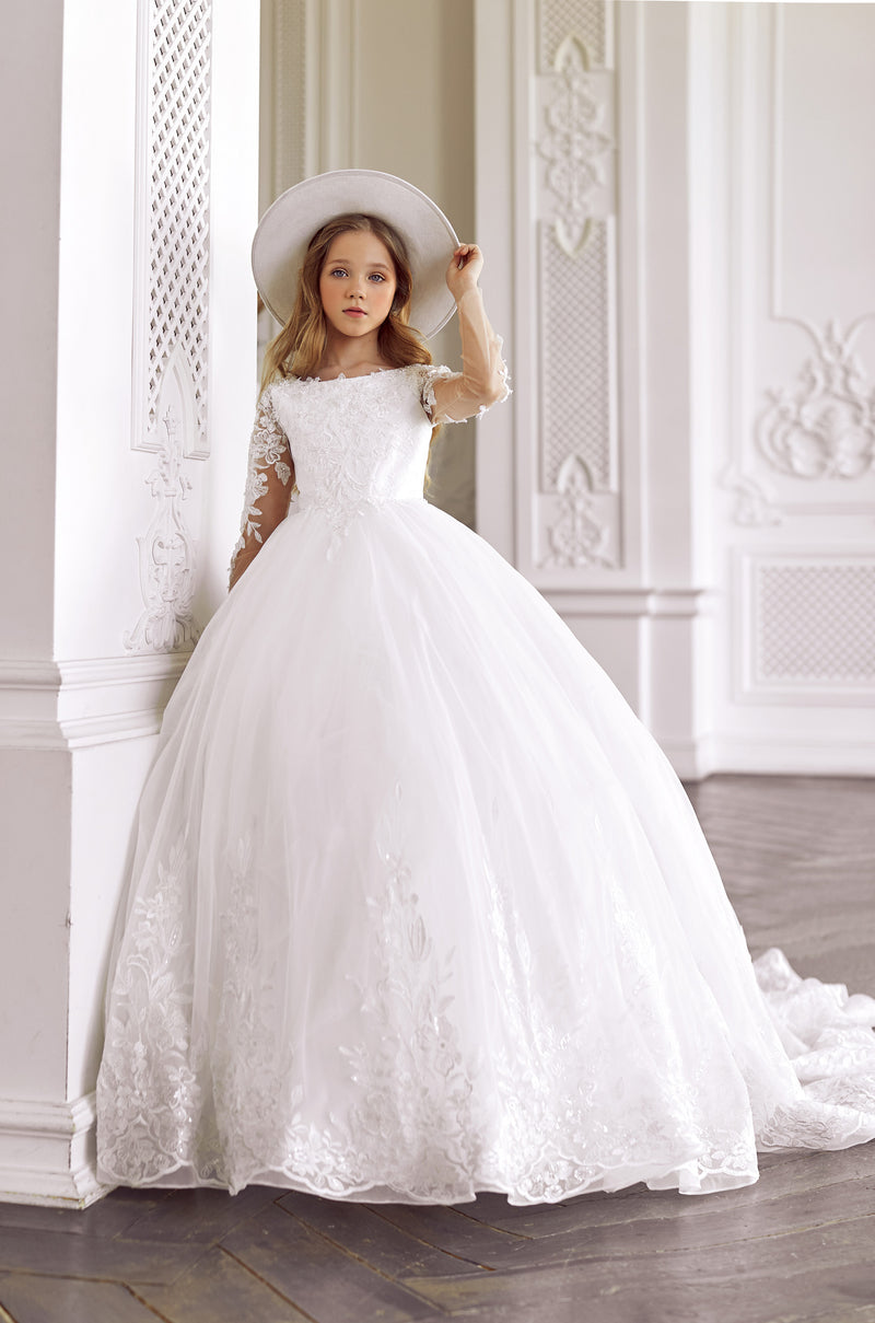 Designer Flower Girl Ball Gown in White