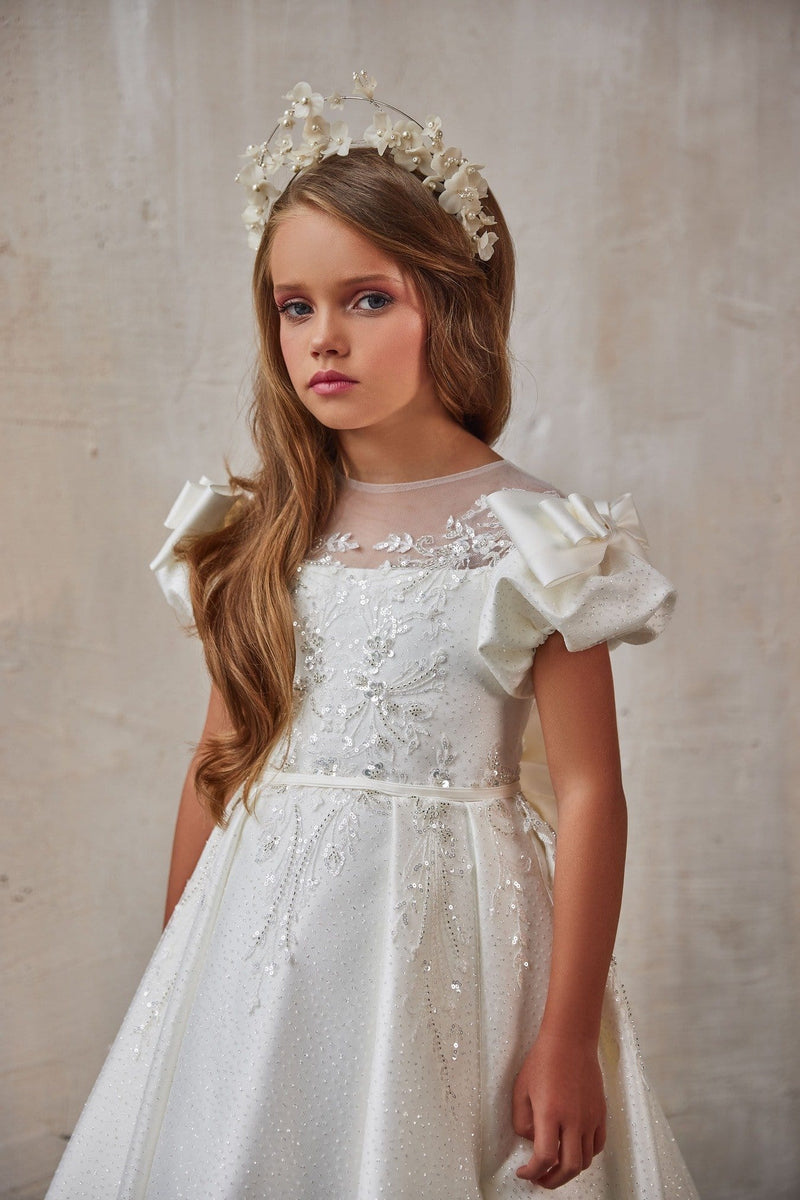 Puff Sleeves and Bows Special Occasion White Dress by Mia Bambina Boutique Canada