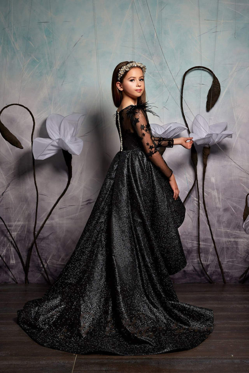 Sparkly High-Low  Black Flower Girl Dress With Train Formal or Birthday Dress - Mia Bambina Boutique