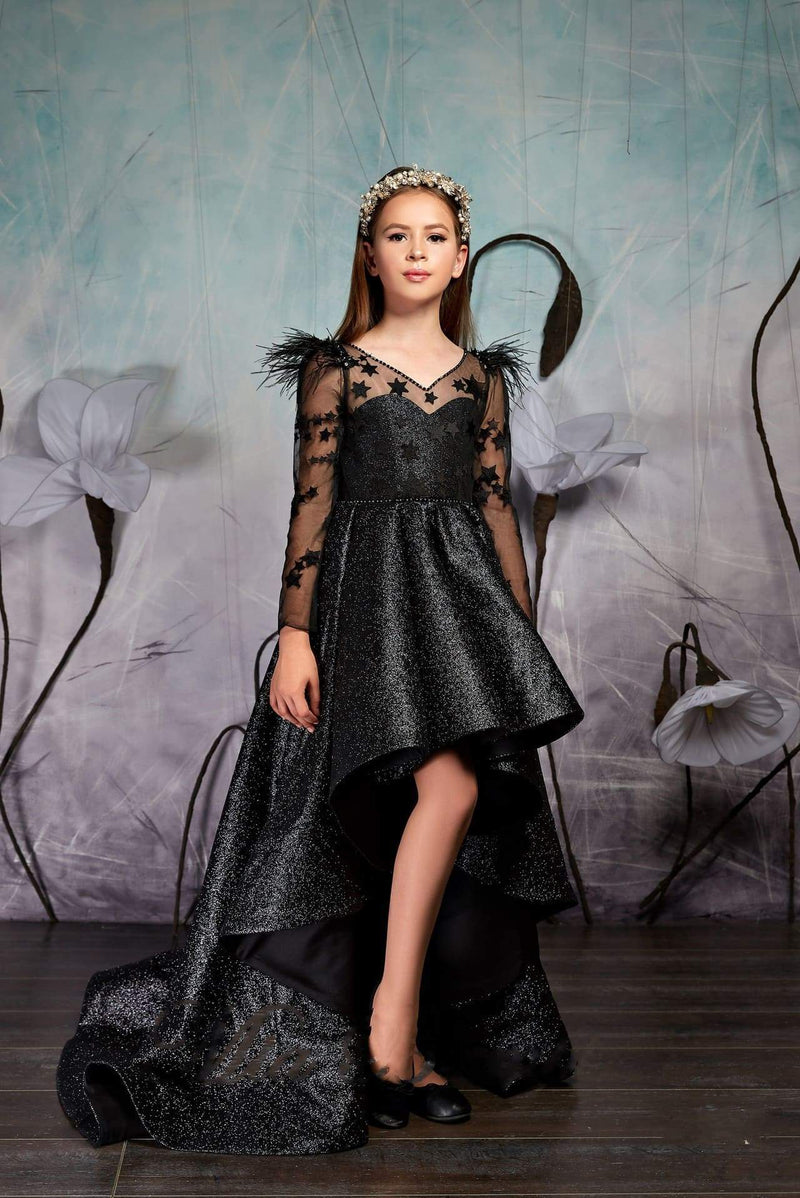 Sparkly High-Low  Black Flower Girl Dress With Train Formal or Birthday Dress - Mia Bambina Boutique