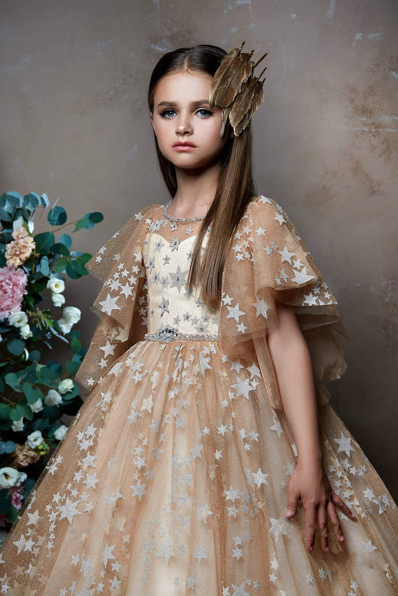 Angel Flutter Sleeves Flower Girl Dress with Glitter Stars - Mia Bambina Boutique