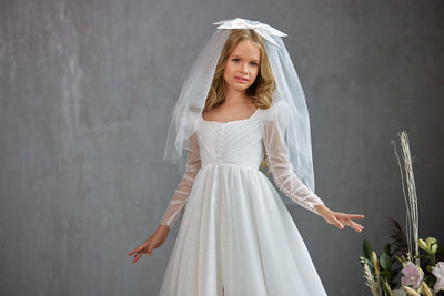 Audrie Tulle First Communion Dress with Pleated Bodice by Mia Bambina Boutique Canada