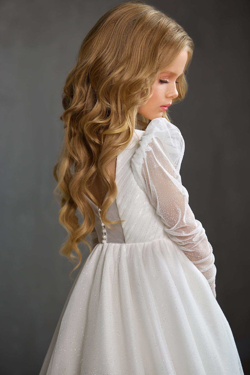 Audrie Tulle First Communion Dress with Pleated Bodice by Mia Bambina Boutique Canada