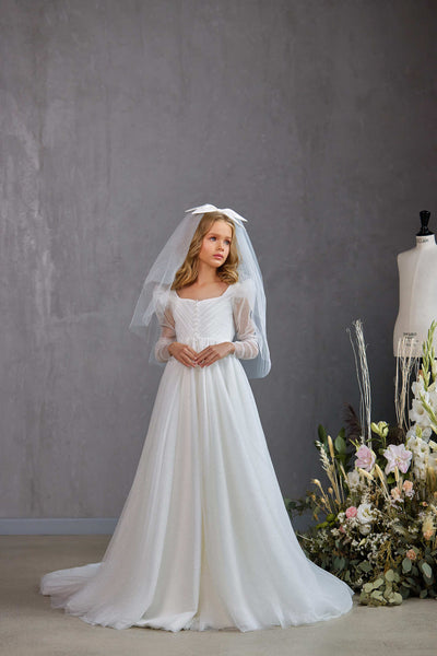 Audrie Tulle First Communion Dress with Pleated Bodice by Mia Bambina Boutique Canada