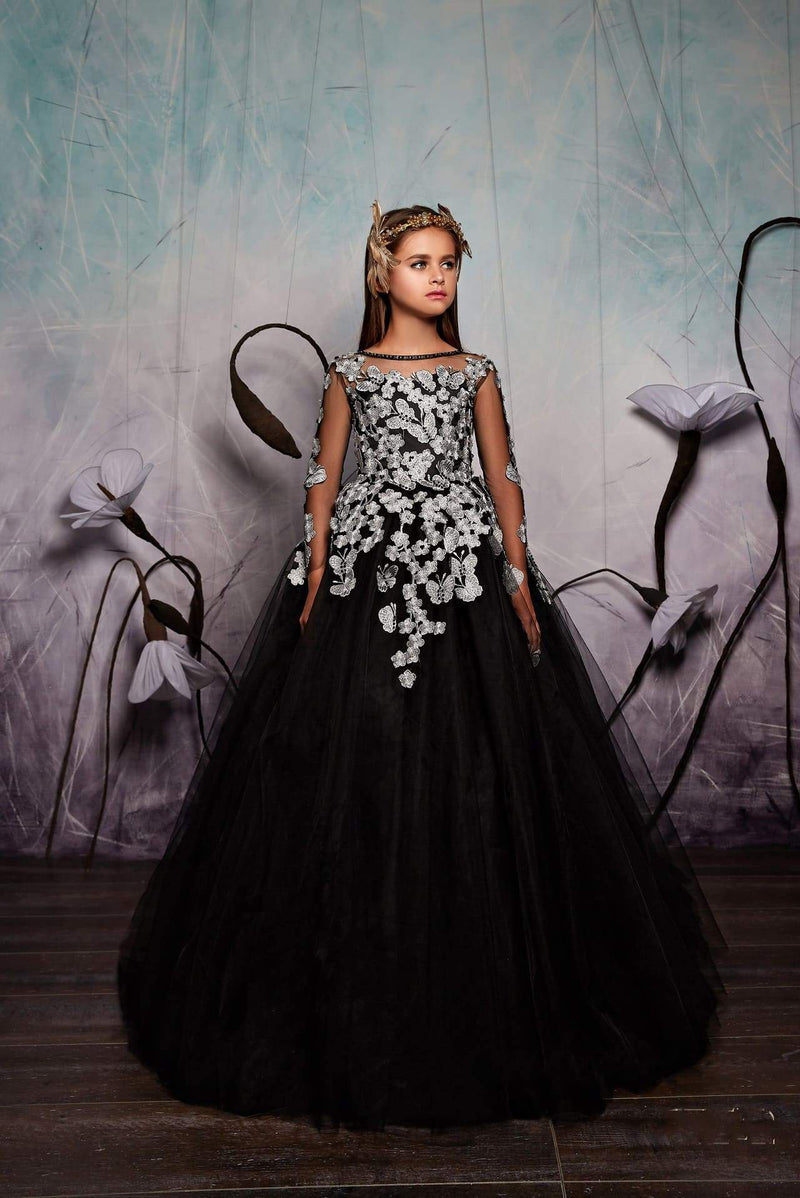 2322 Serafima Illusion Long Sleeve Contrast Floral Lace Black Junior Bridesmaid Gown - Mia Bambina Boutique