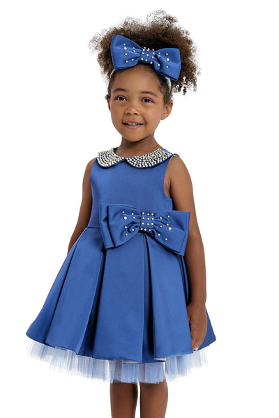 Blue Girl's Dress with Embroidered Round Collar for Special Events by Mia Bambina Boutique Canada 