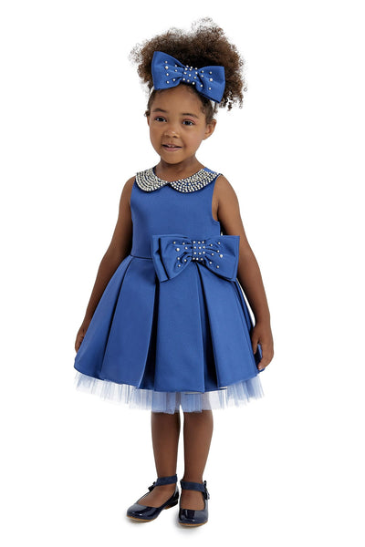 Blue Girl's Dress with Embroidered Round Collar for Special Events by Mia Bambina Boutique Canada 