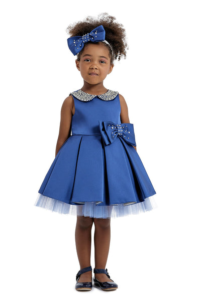 Blue Girl's Dress with Embroidered Round Collar for Special Events by Mia Bambina Boutique Canada 