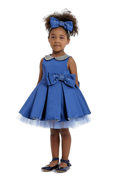 Blue Girl's Dress with Embroidered Round Collar for Special Events by Mia Bambina Boutique Canada 