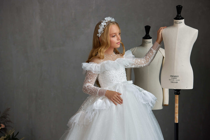 First Communion Dress: Boston Communion Dress with Long sleeves - Mia Bambina Boutique