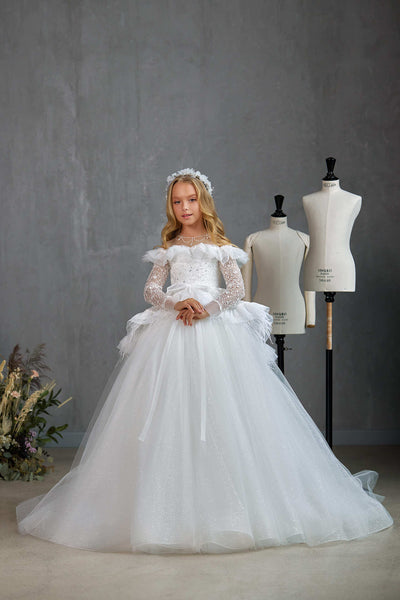 First Communion Dress: Boston Communion Dress with Long sleeves - Mia Bambina Boutique