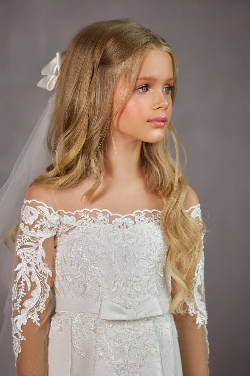 First Communion Dress: Charlotte Off-The-Shoulder Communion Dress - Mia Bambina Boutique