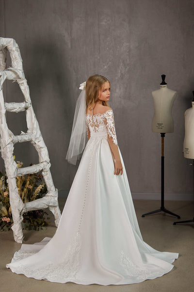 First Communion Dress: Charlotte Off-The-Shoulder Communion Dress - Mia Bambina Boutique