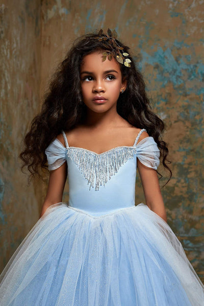 2310 Cinderella Little Girls Open Shoulder Fringe & Glitter Princess Ball Gown - Mia Bambina Boutique