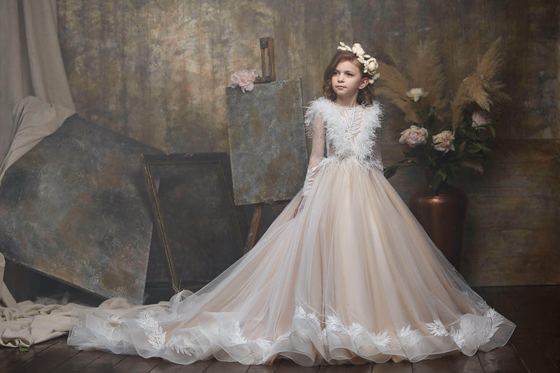 Divine Cappuccino Flower Girl Dress with Feathers - Mia Bambina Boutique