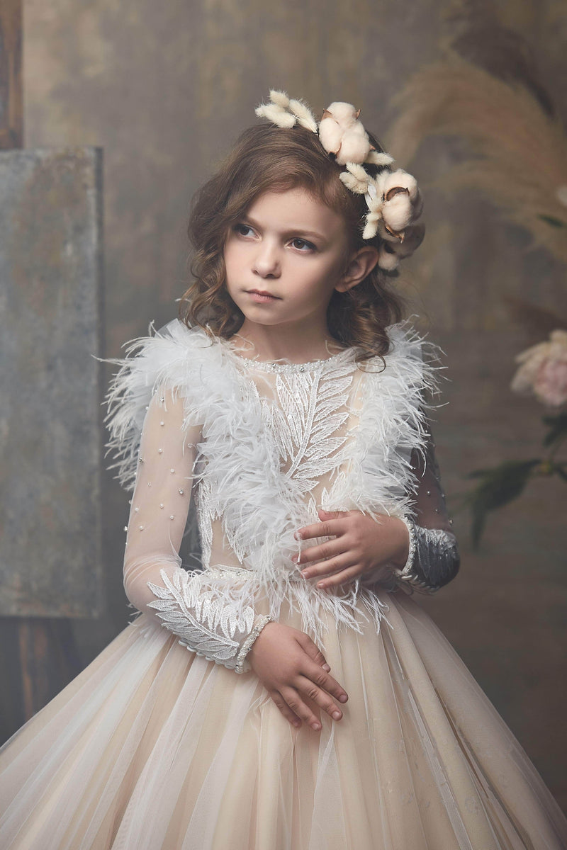 Divine Cappuccino Flower Girl Dress with Feathers - Mia Bambina Boutique