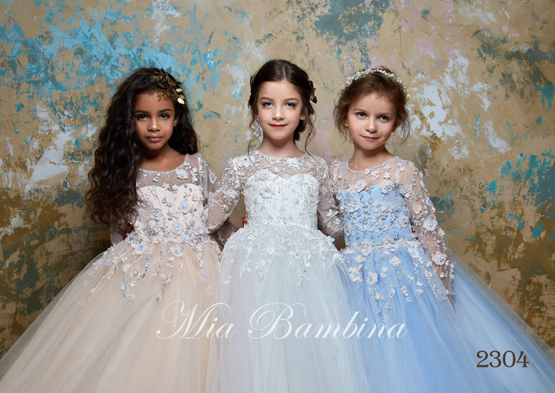 2304 Susanna Elegant Flower Embroidered Princess Tulle Dress with Train for Girls - Mia Bambina Boutique