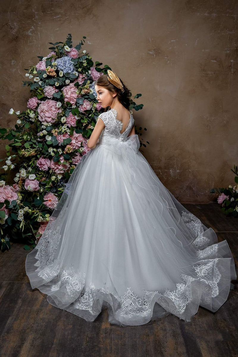 2325 Flower Girl Elegant Classic Short Sleeve Lace Tulle Princess Ball Gown - Mia Bambina Boutique