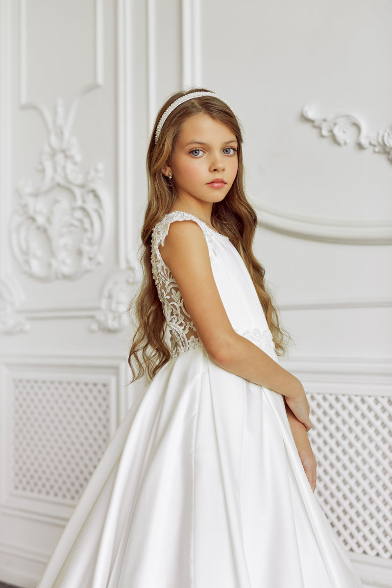 DOVER Holy First Communion Beaded Lace Back Classic Dress by Mia Bambina Boutique Canada