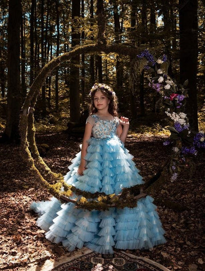 Genoa Long Blue Ruffled Flower Girl Dress - Mia Bambina Boutique