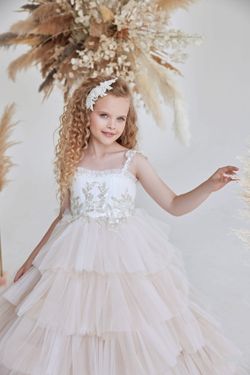 Girls Beaded Strap Cappuccino Ruffled Tulle Dress by Mia Bambina Boutique Canada