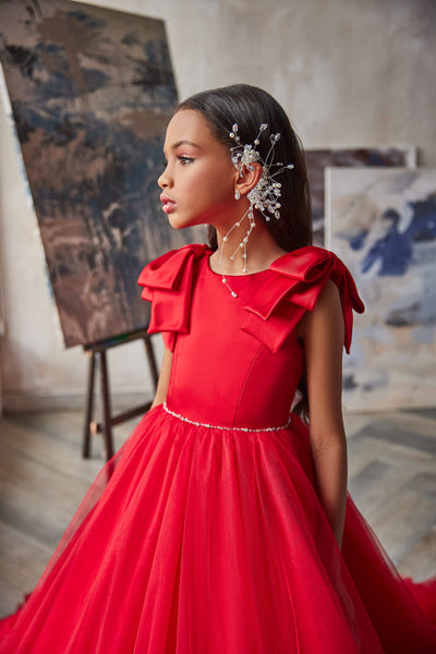 Girls Red Tulle Dress with Bows for Special Occasion - Mia Bambina Boutique