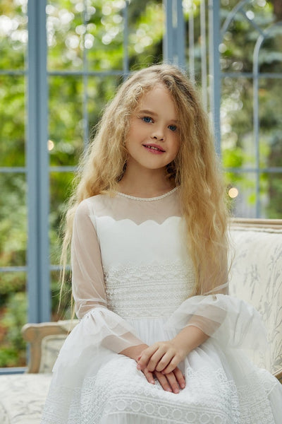 Girl's Soft Tulle Long First Communion Dress - Mia Bambina Boutique