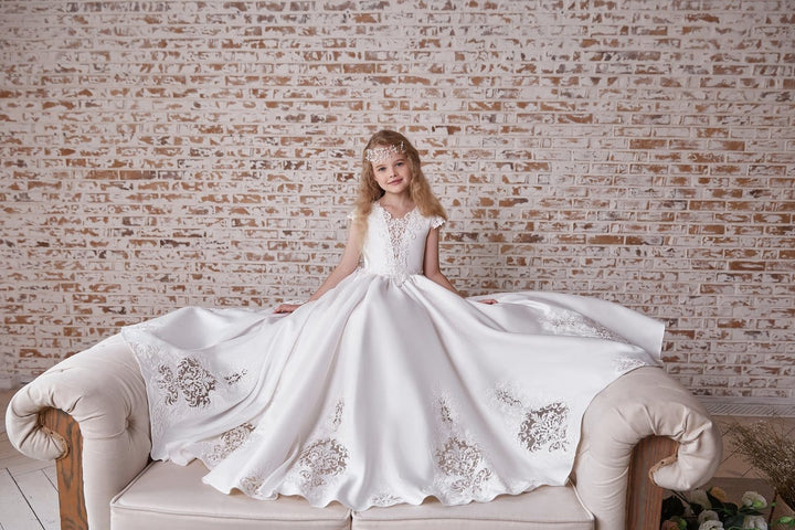 Girls Communion White Gown with Lace Motifs Mia Bambina Boutique