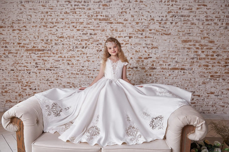 Girls Communion White Gown with Lace Motifs - Mia Bambina Boutique