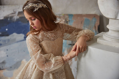 Gold Flower Girl Dress with Long Sleeves by Mia Bambina Boutique