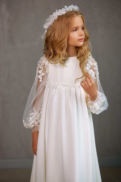 HAMILTON – CHIFFON LONG TRAIN COMMUNION DRESS WITH SHEER FLORAL SLEEVES by Mia Bambina Boutique