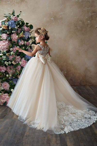 Imagina Flower Girls Tulle Ball Gown with Flutter Sleeves and a Lace Back - Mia Bambina Boutique