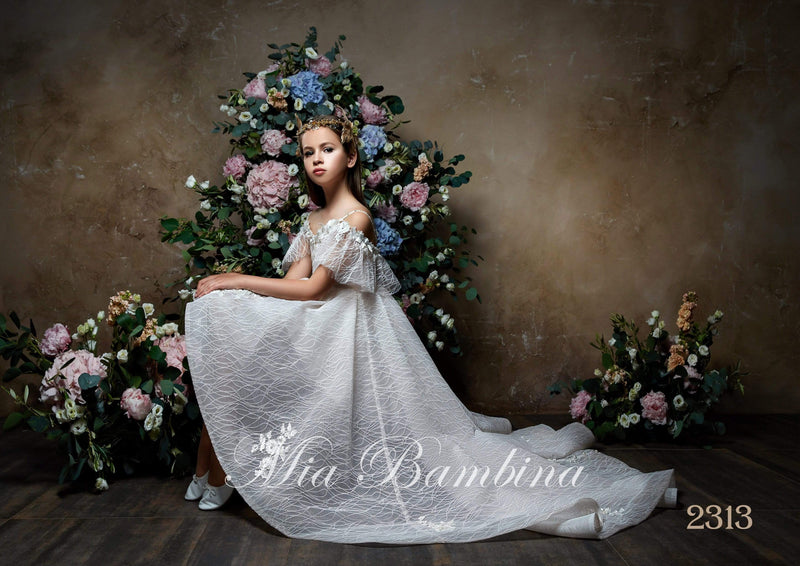 2313 Jardine Flower Girl Hi-Low Boho Style Off-the-Shoulder Flounce Dress for Photoshoots - Mia Bambina Boutique