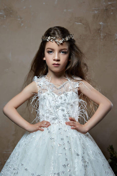 2341 Junior Bridesmaid Retro Tulle Dress Embroidered with Beads and Feathers - Mia Bambina Boutique