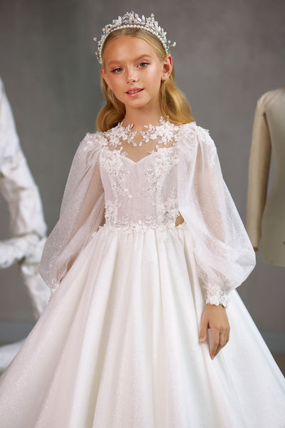 KAWARTHA – ENCHANTING COMMUNION DRESS WITH FLORAL LACE BODICE AND SHEER SLEEVES by Mia Bambina Boutique Canada