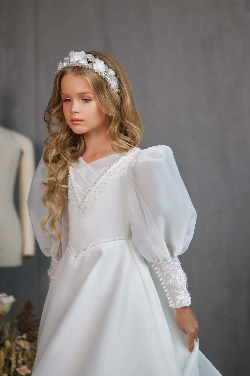 KINGSTON – ORGANZA PUFF SLEEVE COMMUNION GOWN WITH BEAD DETAIL by Mia Bambina Boutique Canada