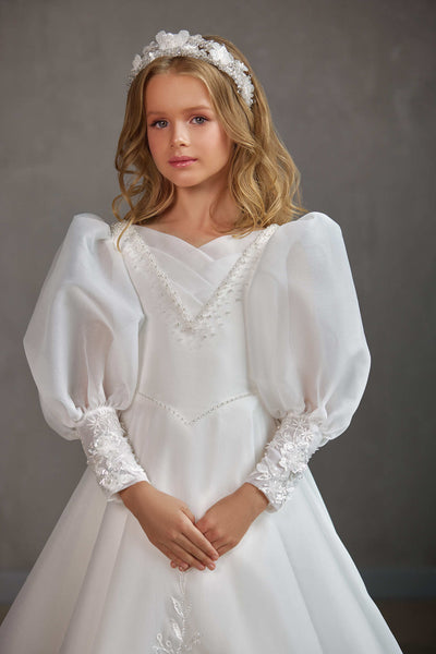 KINGSTON – ORGANZA PUFF SLEEVE COMMUNION GOWN WITH BEAD DETAIL by Mia Bambina Boutique Canada