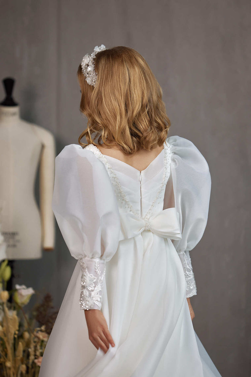 KINGSTON – ORGANZA PUFF SLEEVE COMMUNION GOWN WITH BEAD DETAIL by Mia Bambina Boutique Canada