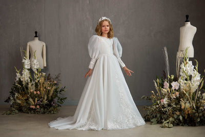 KINGSTON – ORGANZA PUFF SLEEVE COMMUNION GOWN WITH BEAD DETAIL by Mia Bambina Boutique Canada