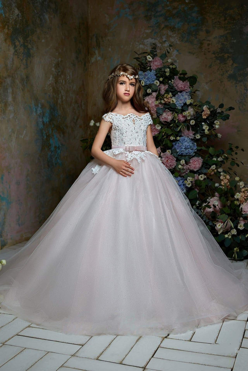 Lace off the shoulder Tulle Flower Girl Dress - Mia Bambina Boutique