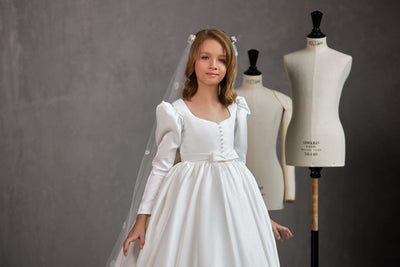 LONDON – CLASSIC SATIN COMMUNION DRESS WITH BOW AND PEARL DETAIL by Mia Bambina Boutique Canada