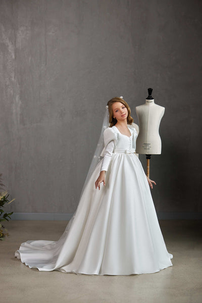 LONDON – CLASSIC SATIN COMMUNION DRESS WITH BOW AND PEARL DETAIL by Mia Bambina Boutique Canada